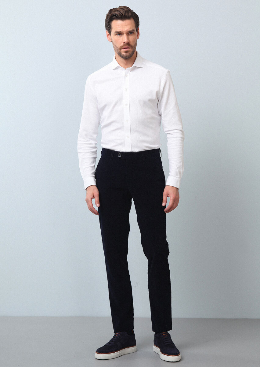 Navy Blue Weaving Regular Fit Casual 100% Cotton Trousers - 4