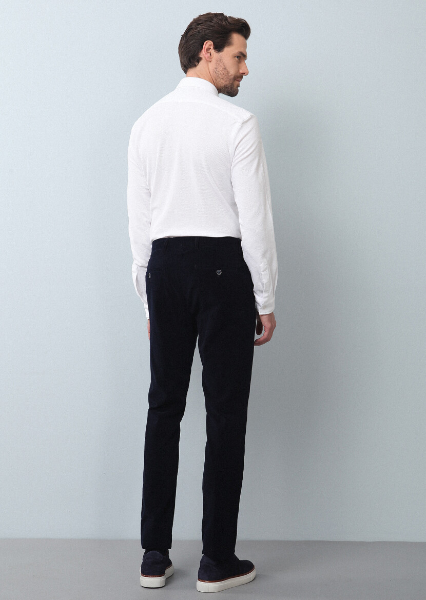Navy Blue Weaving Regular Fit Casual 100% Cotton Trousers - 5
