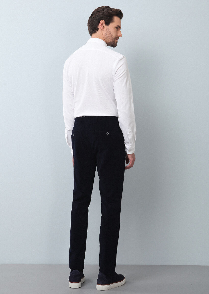 Navy Blue Weaving Regular Fit Casual 100% Cotton Trousers - 5
