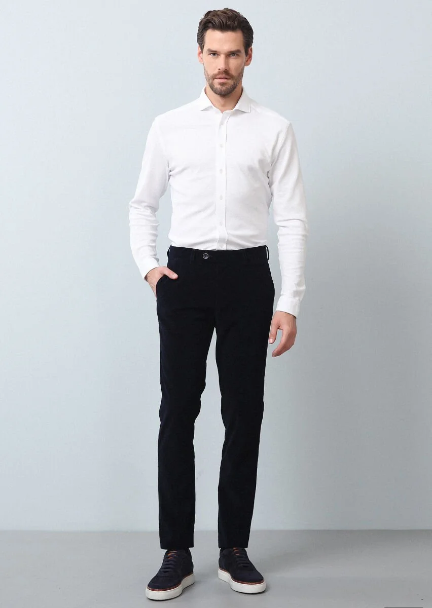 Navy Blue Weaving Regular Fit Casual 100% Cotton Trousers - 1