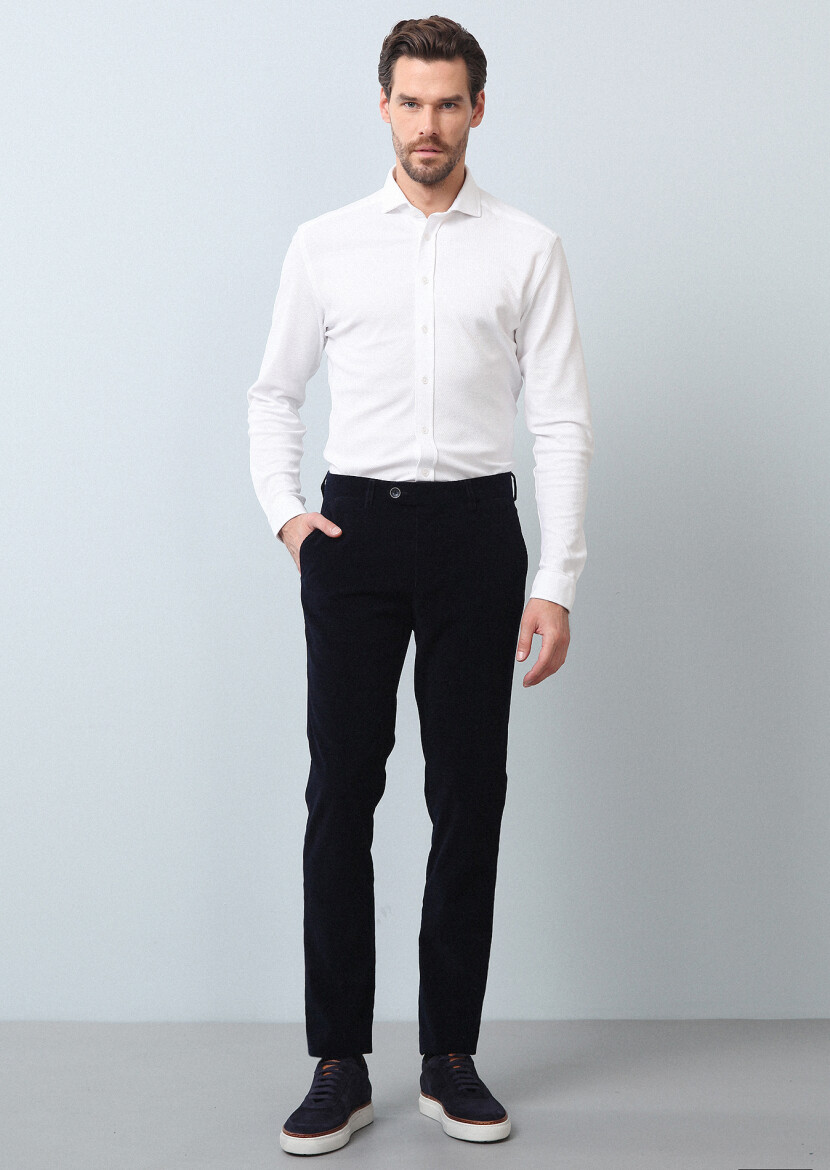 Navy Blue Weaving Regular Fit Casual 100% Cotton Trousers 