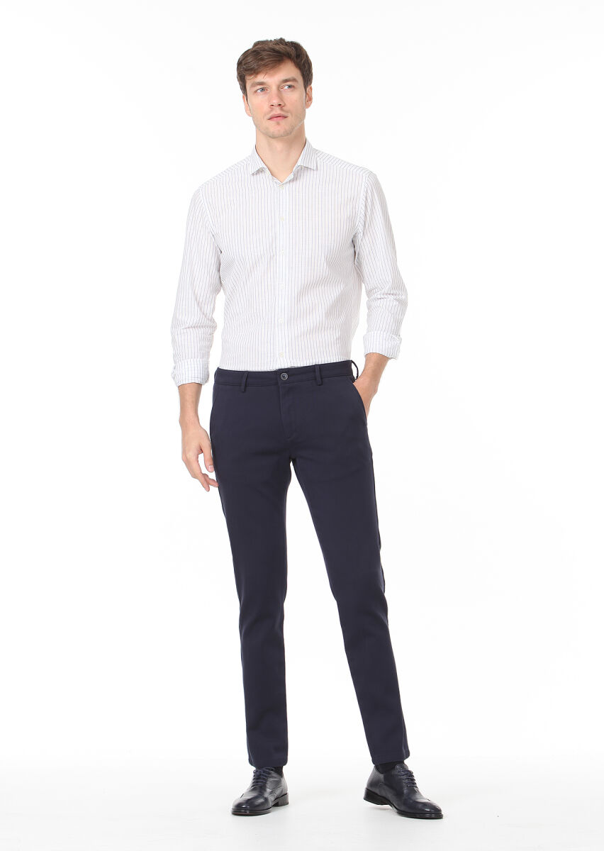 Navy Blue Weaving Regular Fit Casual 100% Cotton Trousers - 1