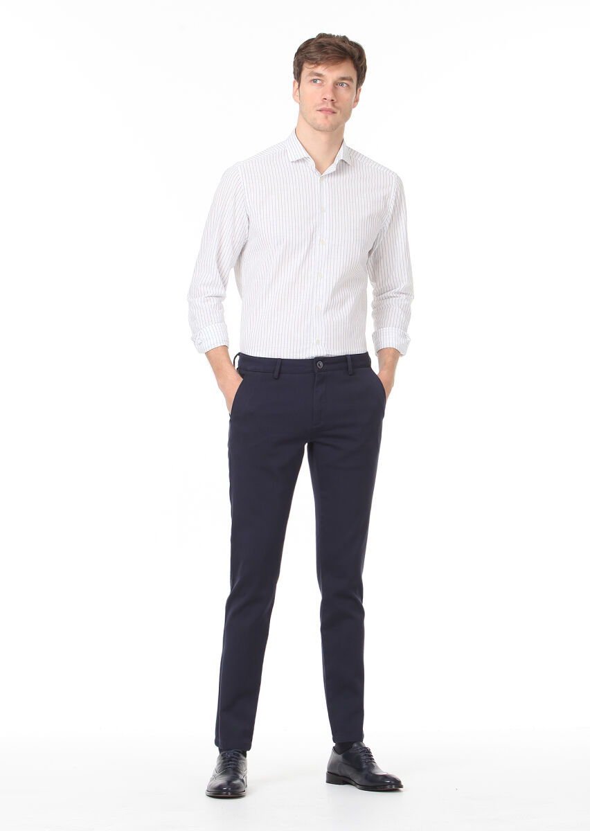 Navy Blue Weaving Regular Fit Casual 100% Cotton Trousers - 2