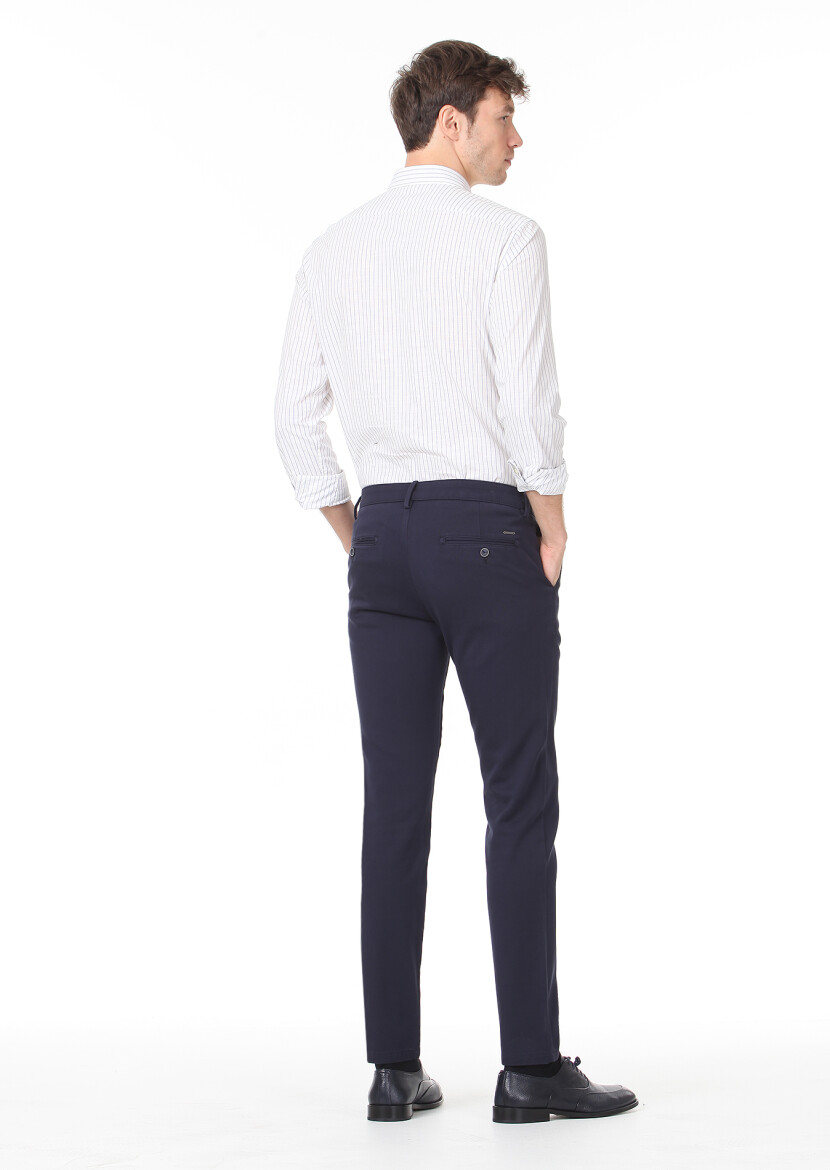 Navy Blue Weaving Regular Fit Casual 100% Cotton Trousers - 4