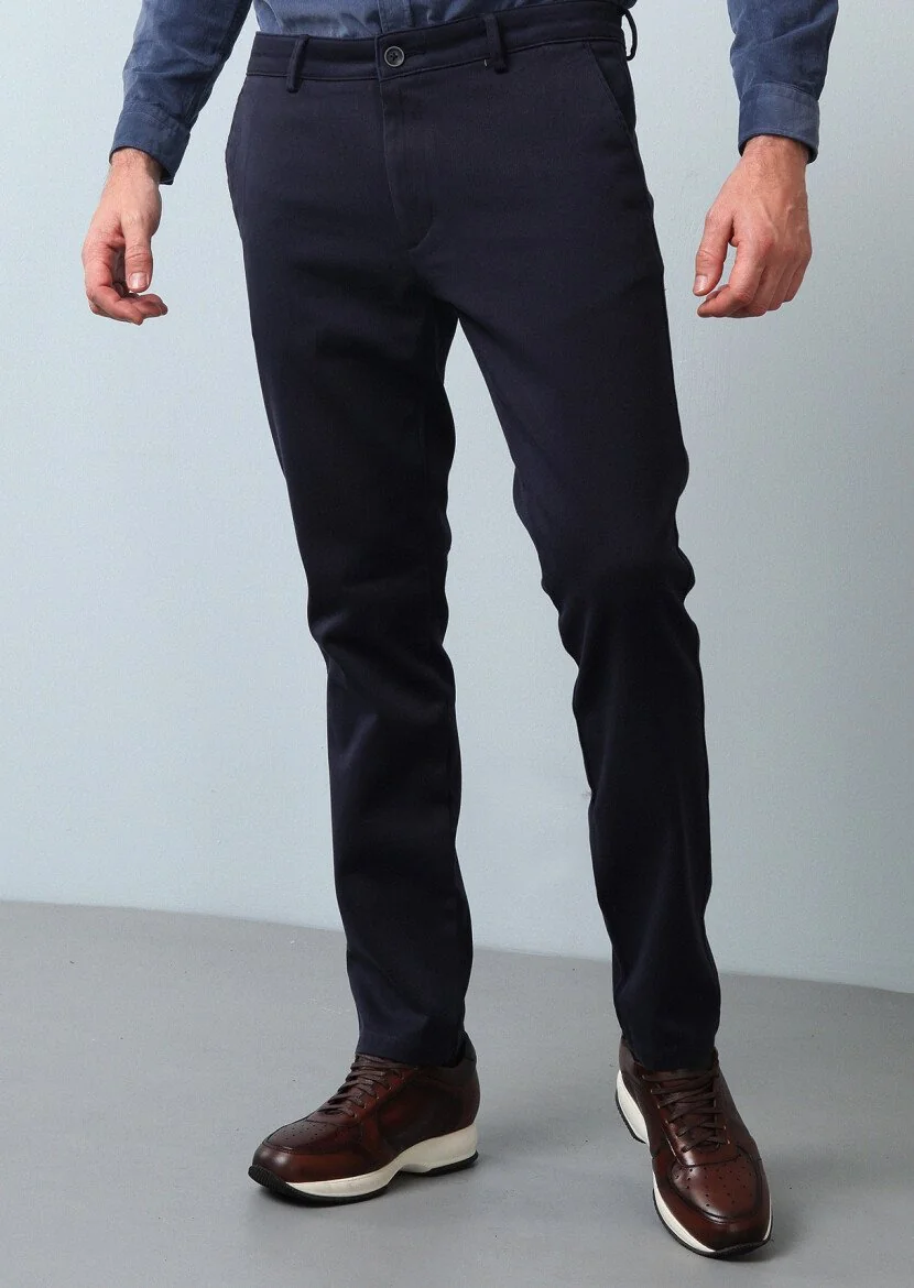 Navy Blue Weaving Regular Fit Casual 100% Cotton Trousers - 1