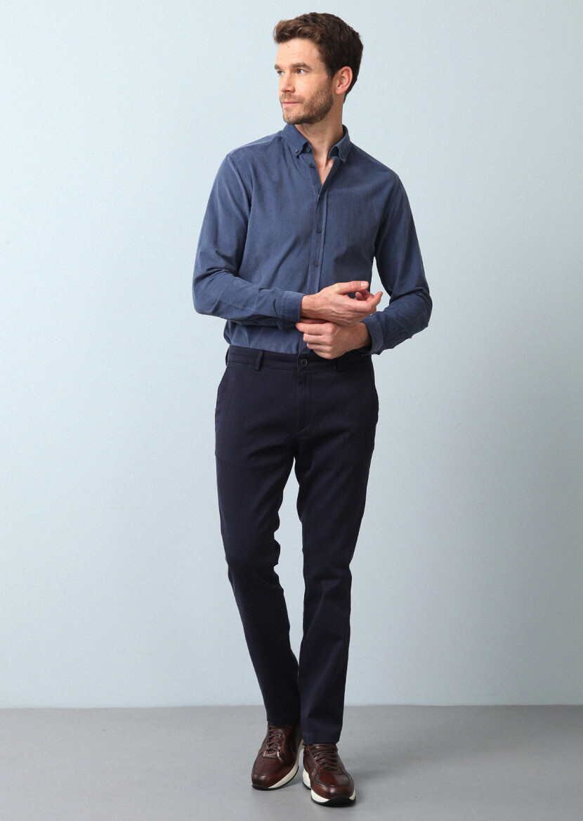 Navy Blue Weaving Regular Fit Casual 100% Cotton Trousers 