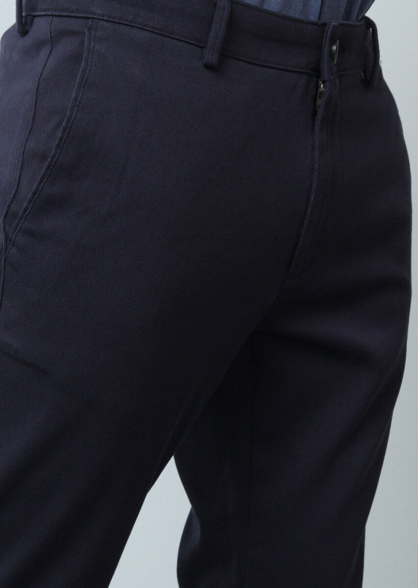 Navy Blue Weaving Regular Fit Casual 100% Cotton Trousers - 3