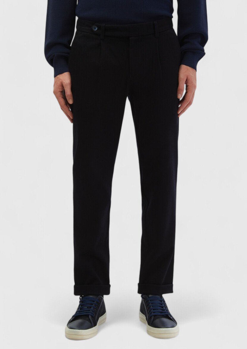 Navy Blue Weaving Regular Fit Casual 100% Cotton Trousers - RAMSEY