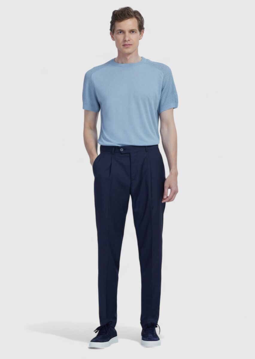 Navy Blue Weaving Regular Fit Casual 100% Wool Trousers - 1