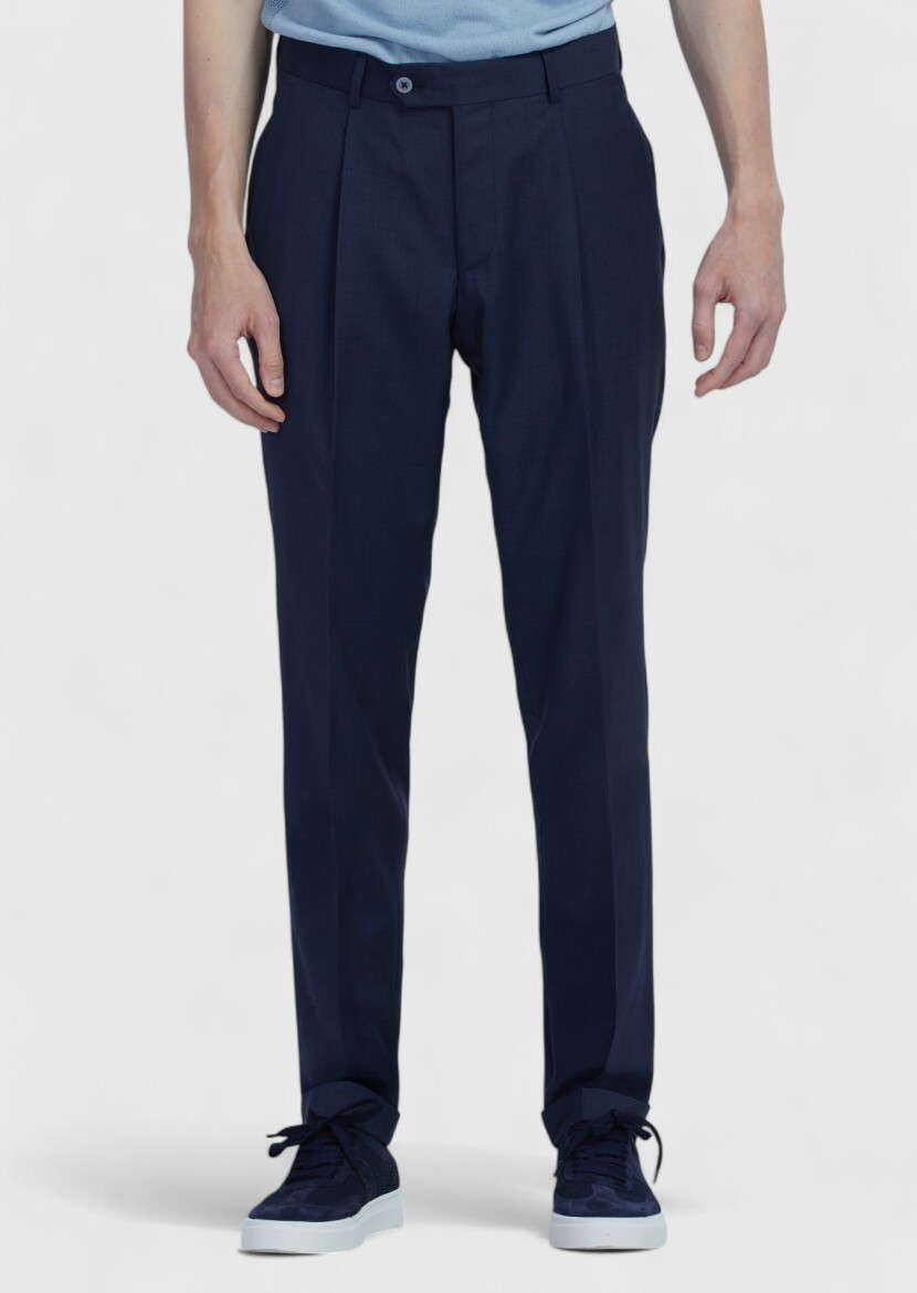 Navy Blue Weaving Regular Fit Casual 100% Wool Trousers - 2