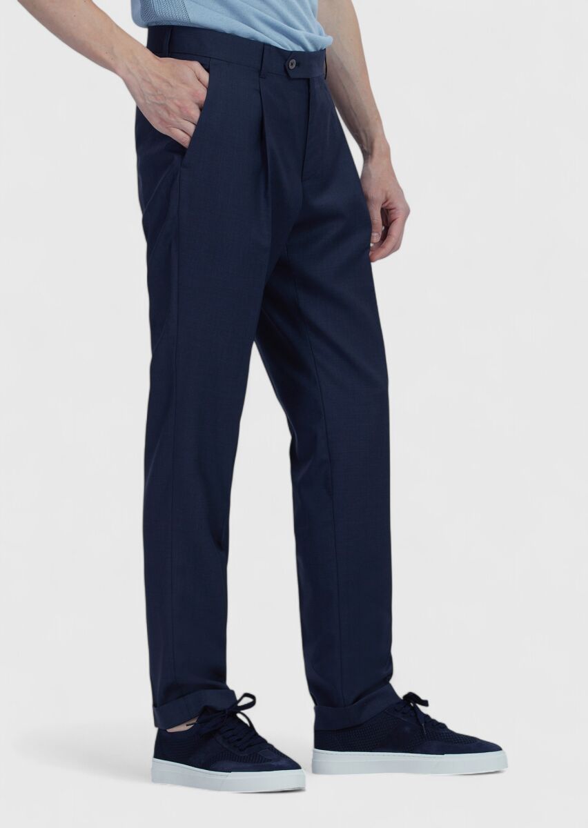 Navy Blue Weaving Regular Fit Casual 100% Wool Trousers - 3