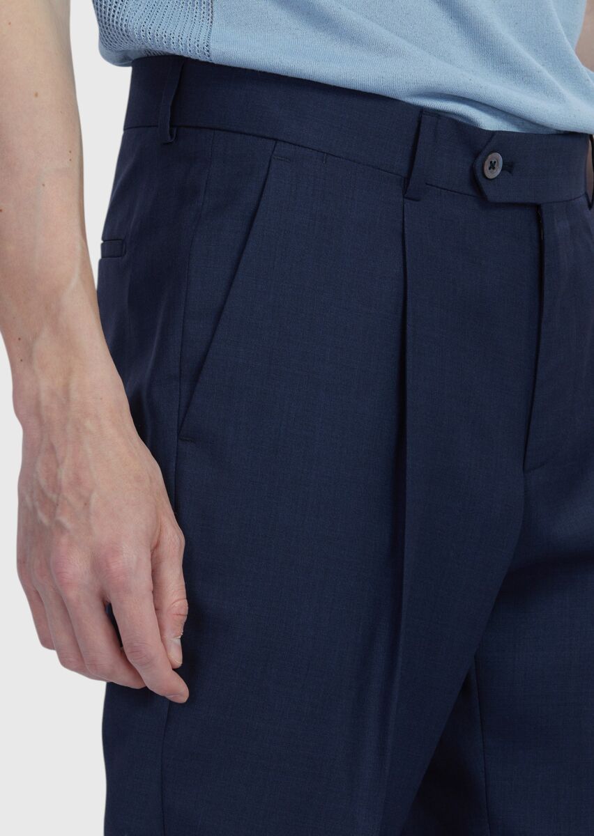 Navy Blue Weaving Regular Fit Casual 100% Wool Trousers - 4
