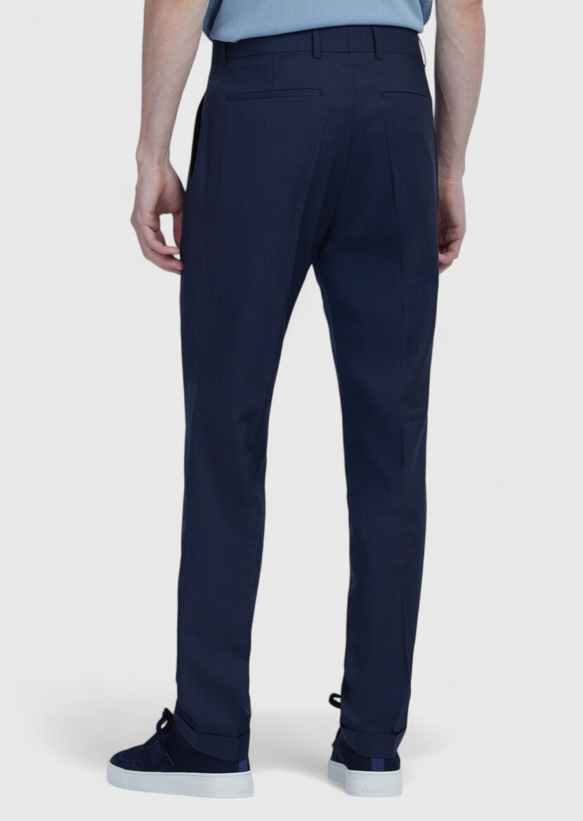 Navy Blue Weaving Regular Fit Casual 100% Wool Trousers - 6