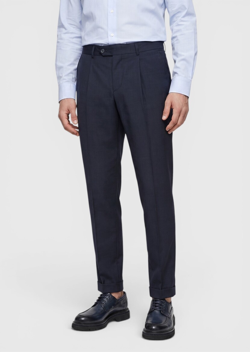Navy Blue Weaving Regular Fit Casual 100% Wool Trousers - RAMSEY