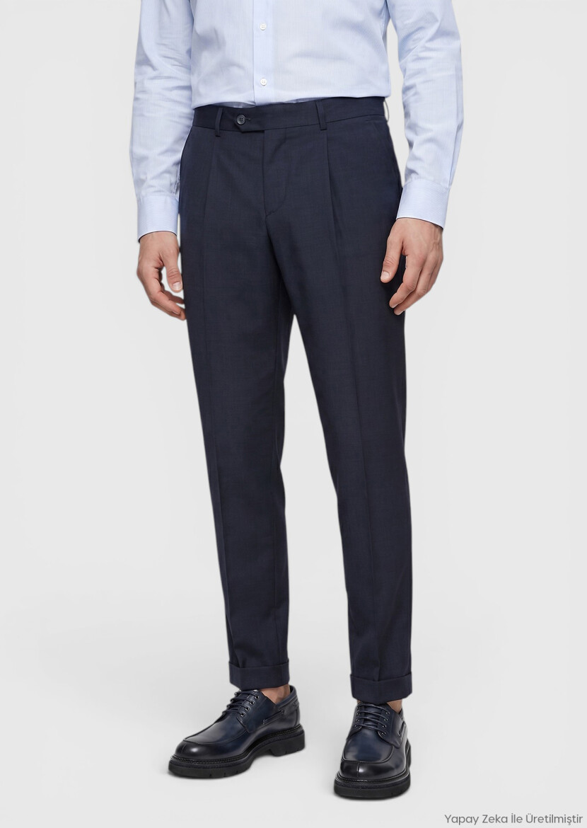 Navy Blue Weaving Regular Fit Casual 100% Wool Trousers - RAMSEY