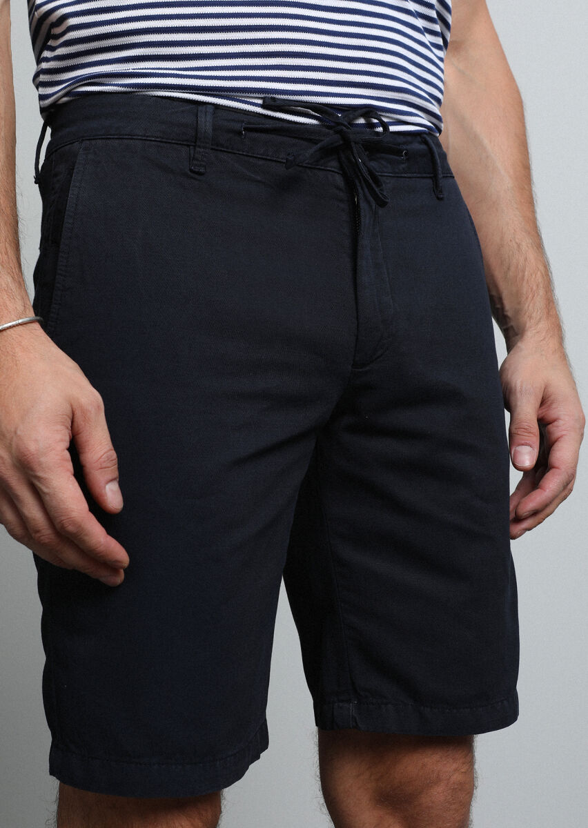 Navy Blue Weaving Regular Fit Casual Cotton Blended Bermuda - 3