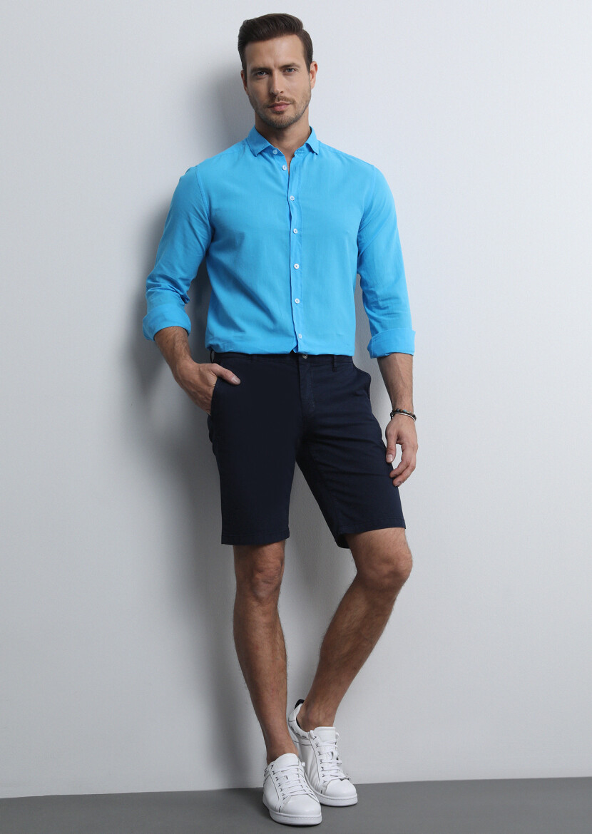 Navy Blue Weaving Regular Fit Casual Cotton Blended Bermuda - 1