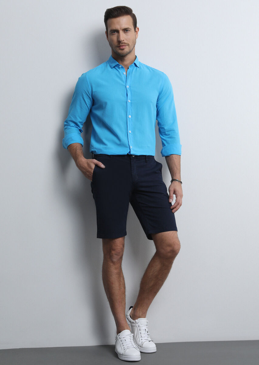 Navy Blue Weaving Regular Fit Casual Cotton Blended Bermuda - 1