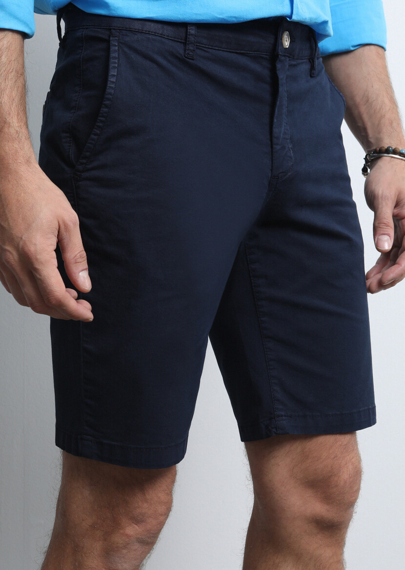 Navy Blue Weaving Regular Fit Casual Cotton Blended Bermuda - 3