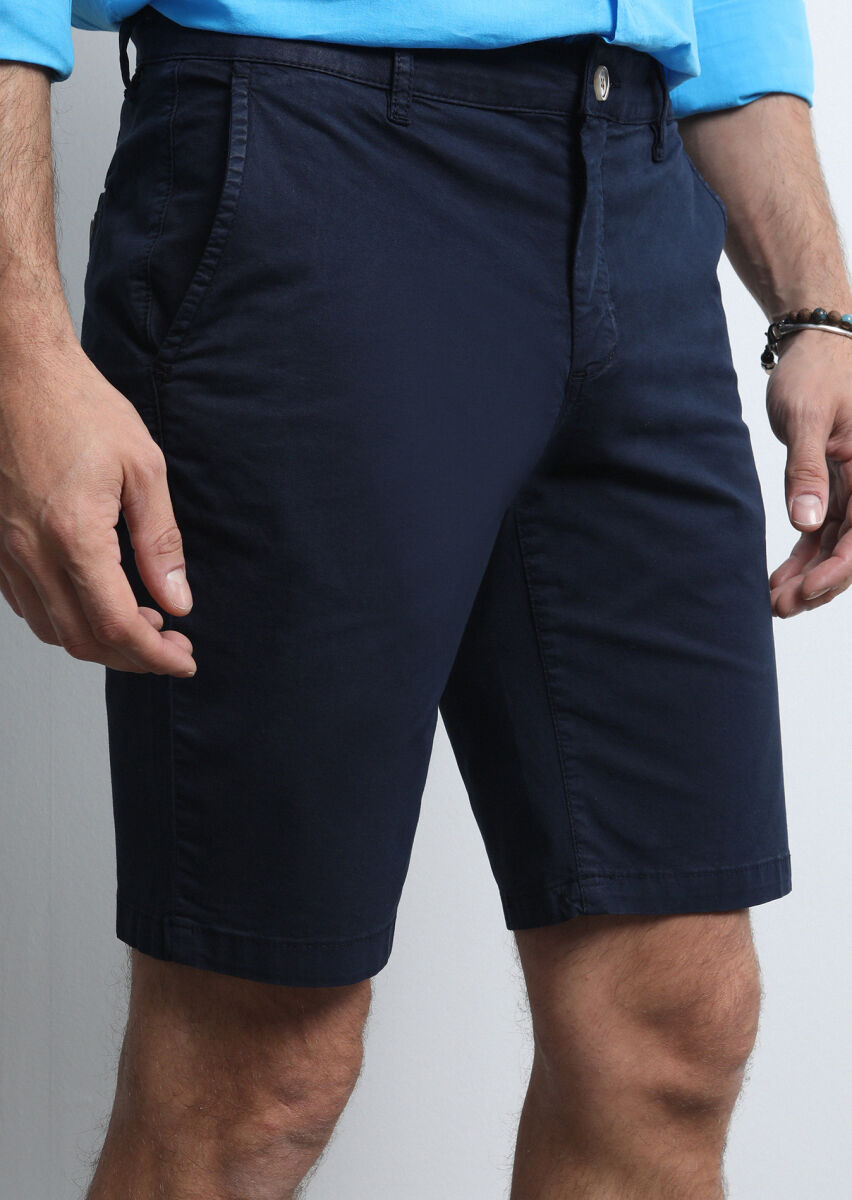 Navy Blue Weaving Regular Fit Casual Cotton Blended Bermuda - 3