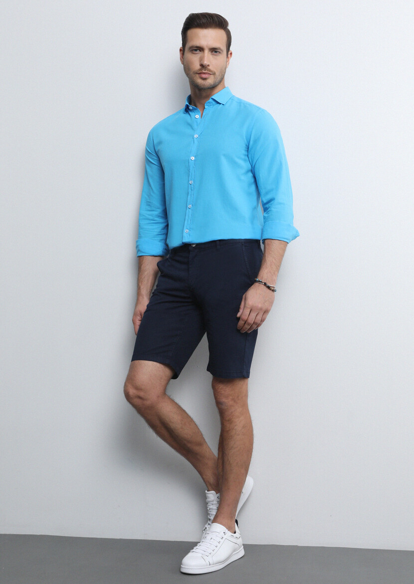 Navy Blue Weaving Regular Fit Casual Cotton Blended Bermuda - 4