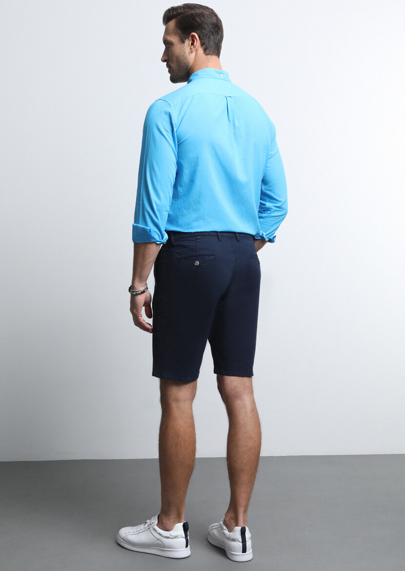 Navy Blue Weaving Regular Fit Casual Cotton Blended Bermuda - 5