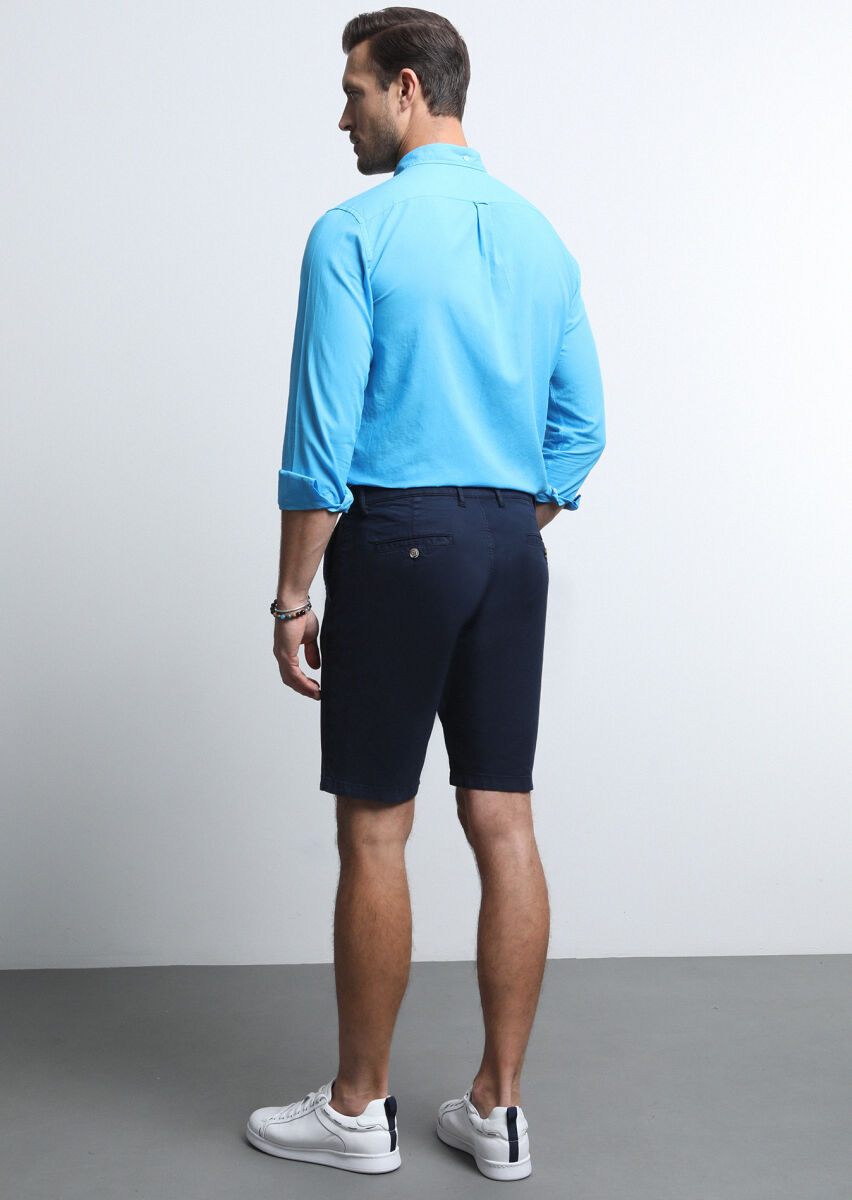 Navy Blue Weaving Regular Fit Casual Cotton Blended Bermuda - 5