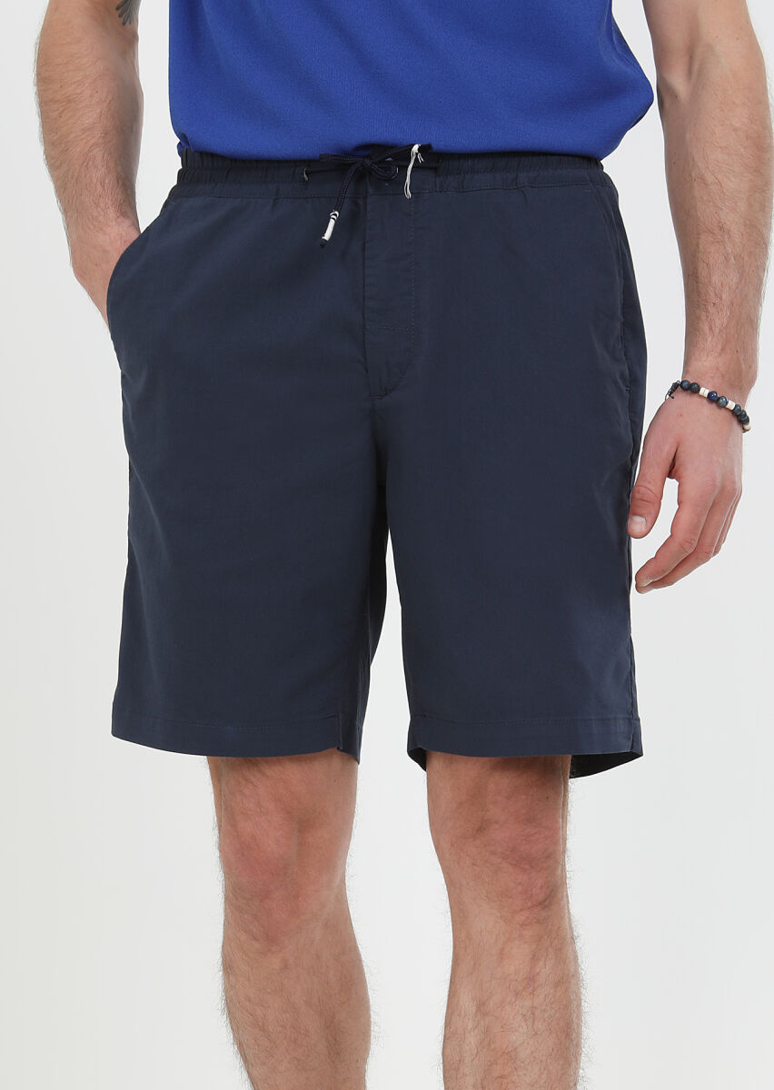 Navy Blue Weaving Regular Fit Casual Cotton Blended Bermuda - 2
