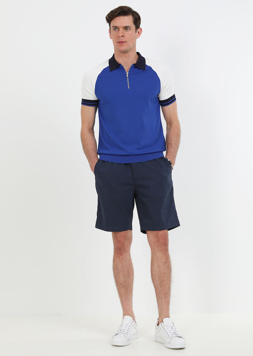 Navy Blue Weaving Regular Fit Casual Cotton Blended Bermuda - 3