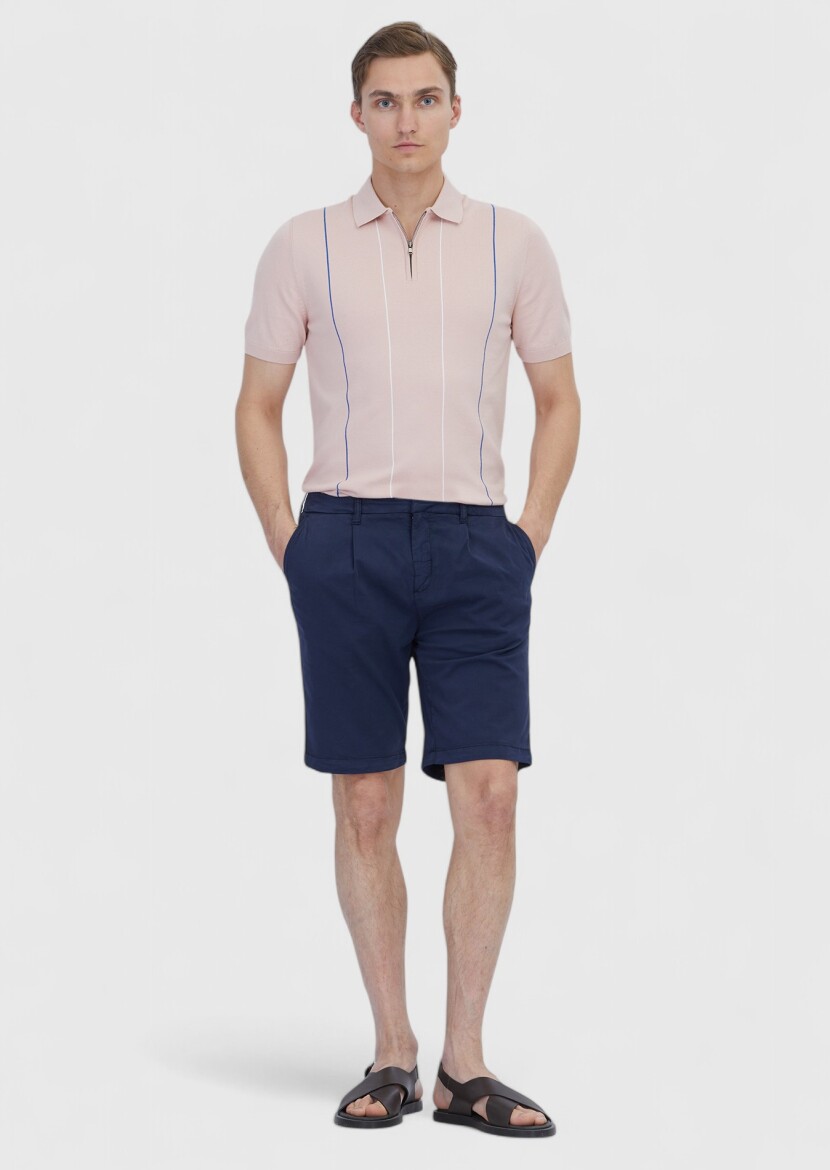 Navy Blue Weaving Regular Fit Casual Cotton Blended Bermuda - RAMSEY