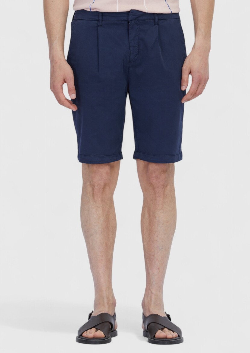Navy Blue Weaving Regular Fit Casual Cotton Blended Bermuda - RAMSEY