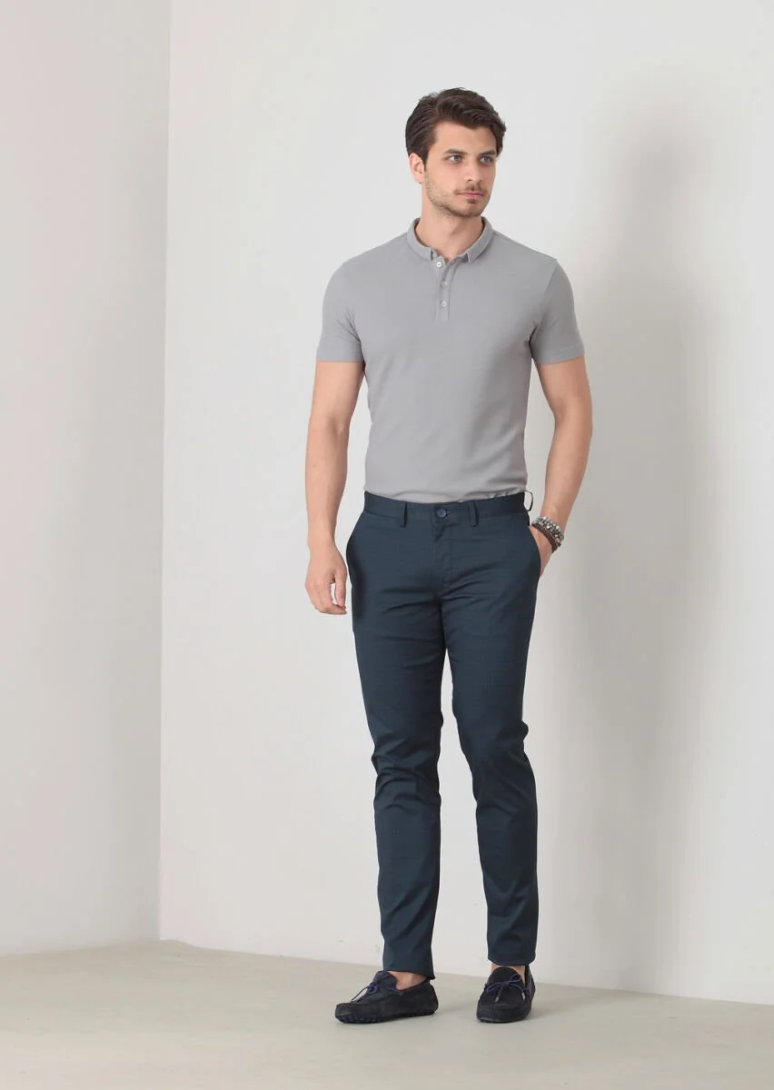 Navy Blue Weaving Regular Fit Casual Cotton Blended Trousers - 1