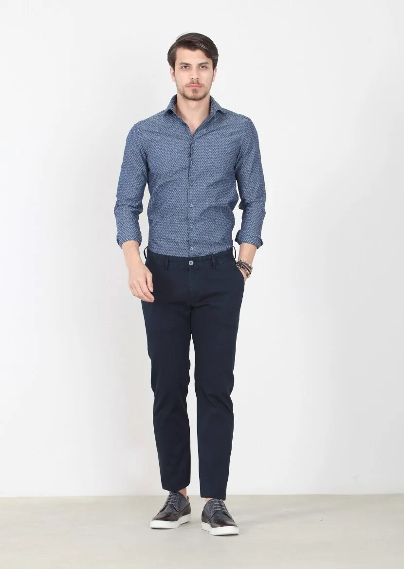 Navy Blue Weaving Regular Fit Casual Cotton Blended Trousers - 1