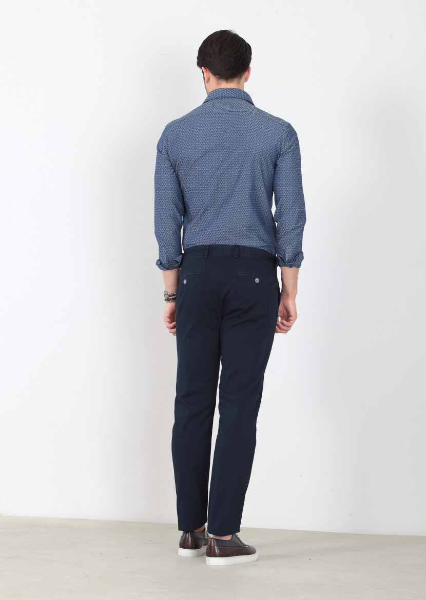 Navy Blue Weaving Regular Fit Casual Cotton Blended Trousers - 4