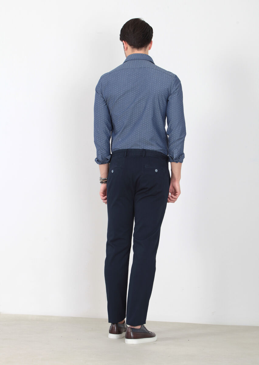 Navy Blue Weaving Regular Fit Casual Cotton Blended Trousers - 4