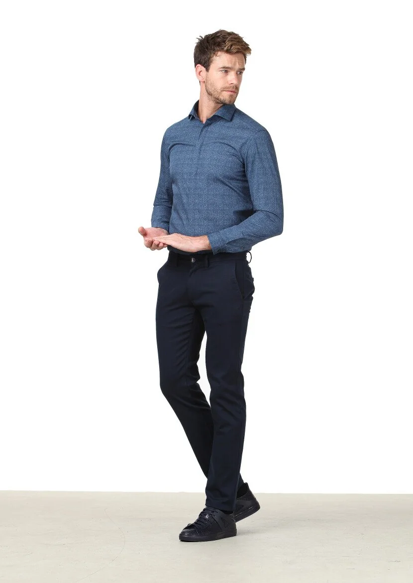 Navy Blue Weaving Regular Fit Casual Cotton Blended Trousers - 1