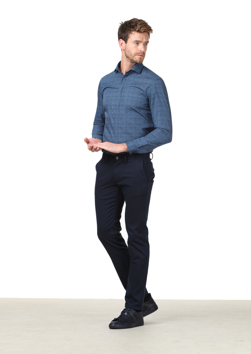 Navy Blue Weaving Regular Fit Casual Cotton Blended Trousers - 1