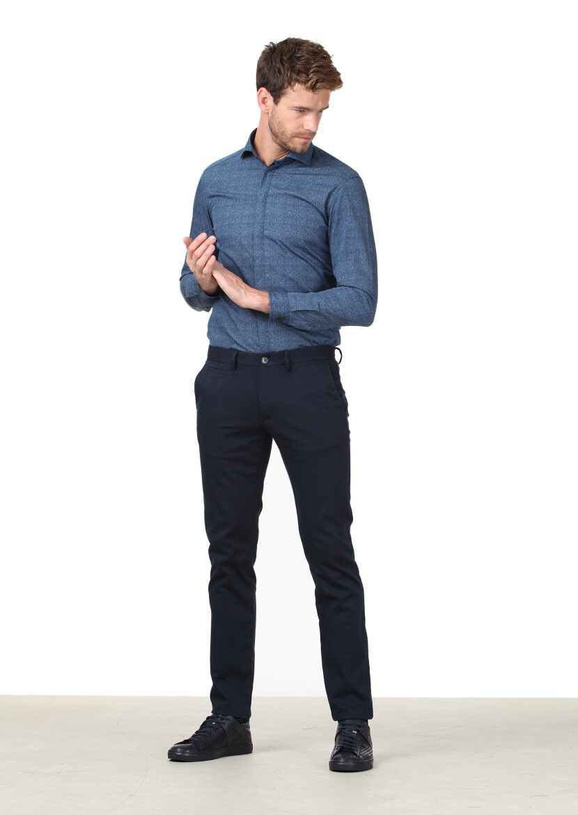 Navy Blue Weaving Regular Fit Casual Cotton Blended Trousers 