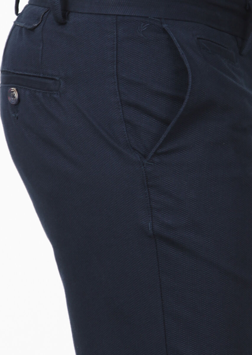 Navy Blue Weaving Regular Fit Casual Cotton Blended Trousers - 3