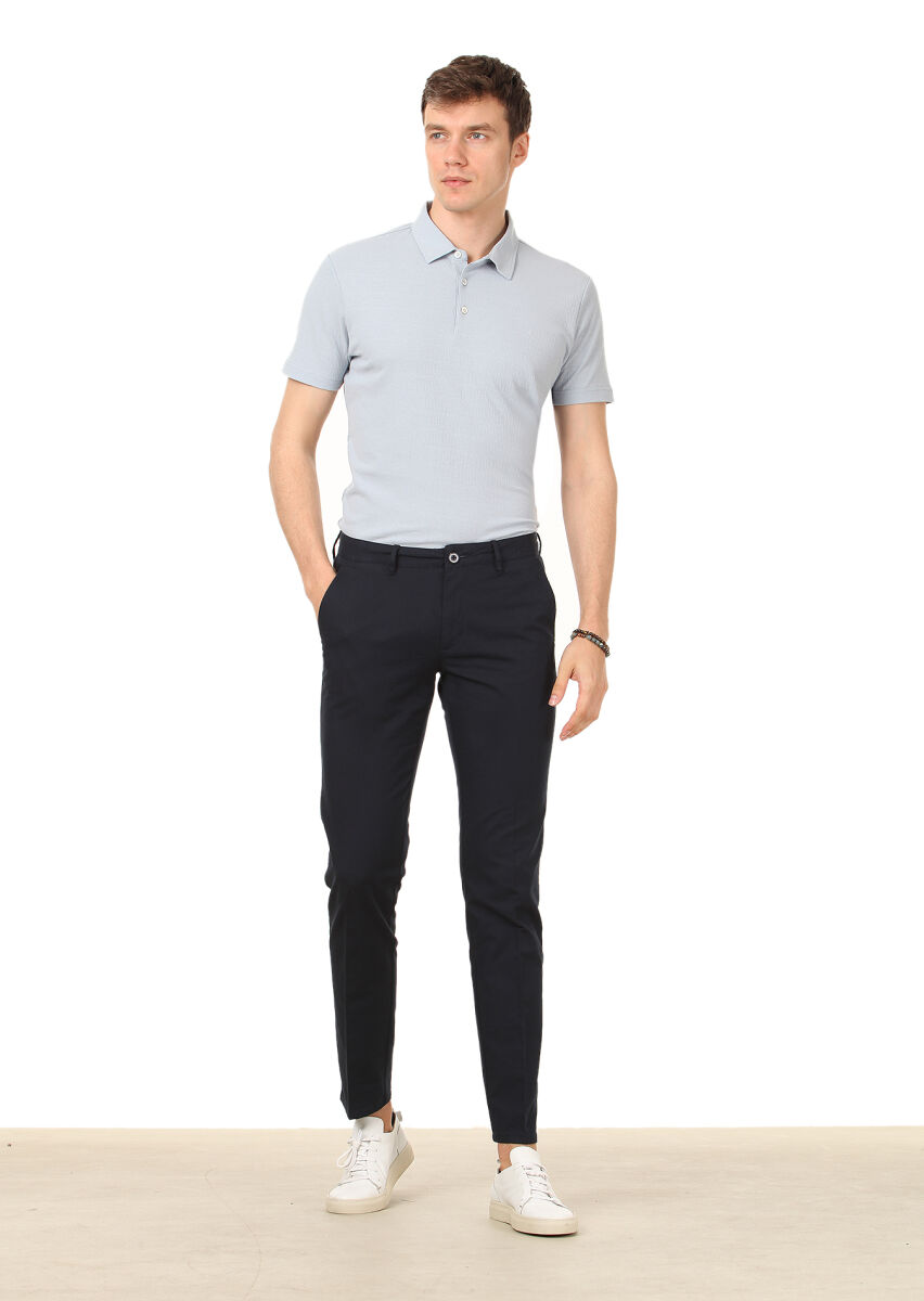 Navy Blue Weaving Regular Fit Casual Cotton Blended Trousers - 2