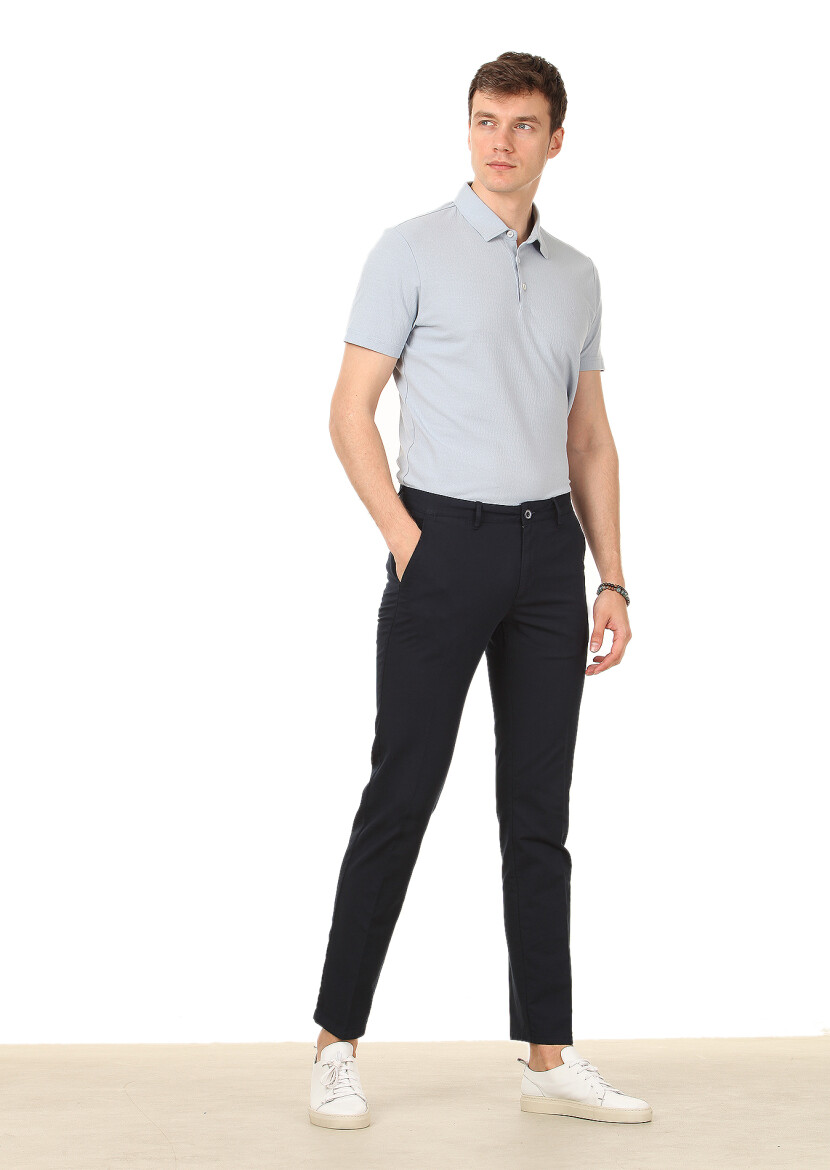 Navy Blue Weaving Regular Fit Casual Cotton Blended Trousers 