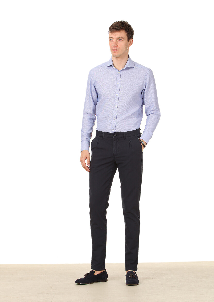 Navy Blue Weaving Regular Fit Casual Cotton Blended Trousers - 2