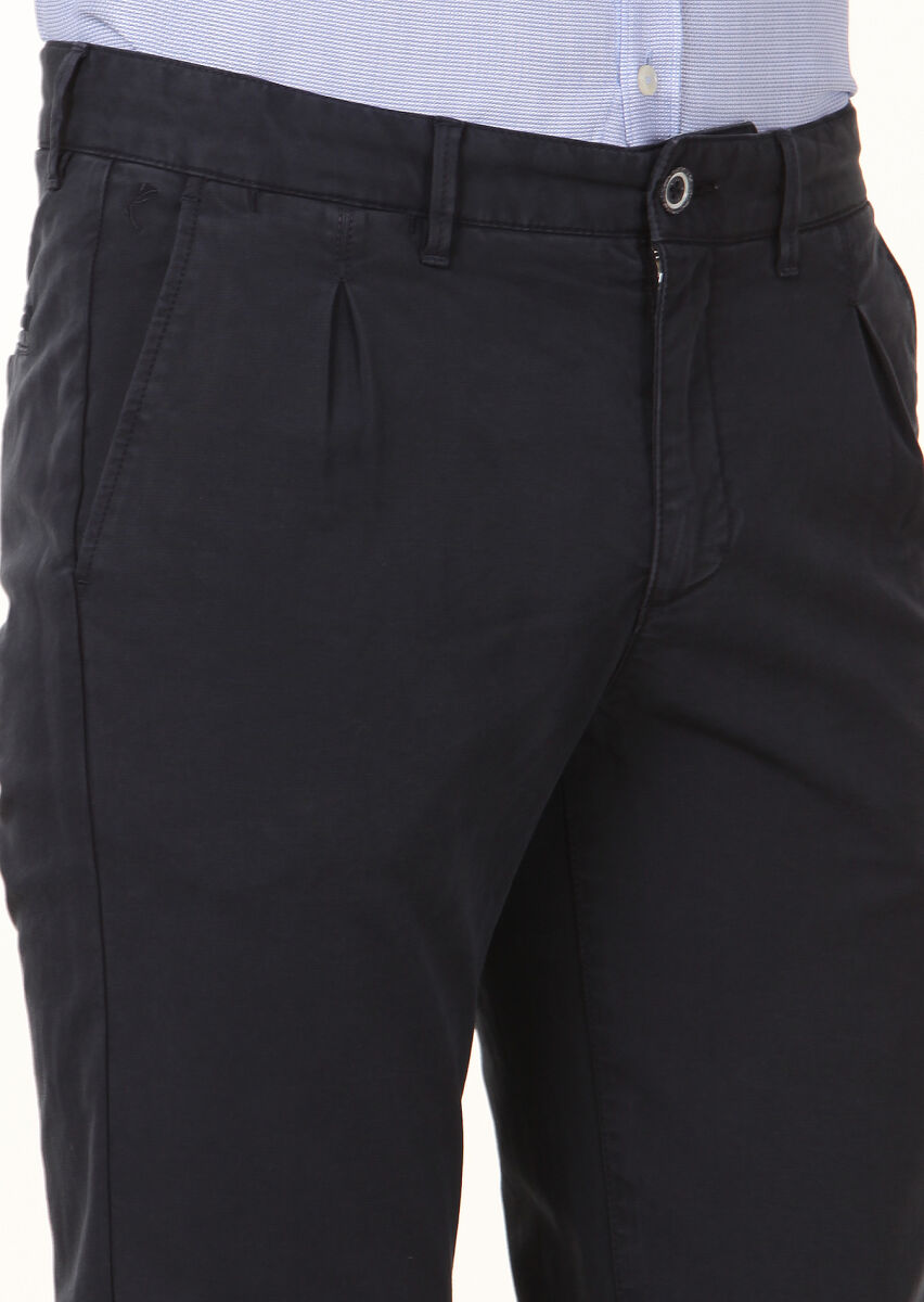 Navy Blue Weaving Regular Fit Casual Cotton Blended Trousers - 3