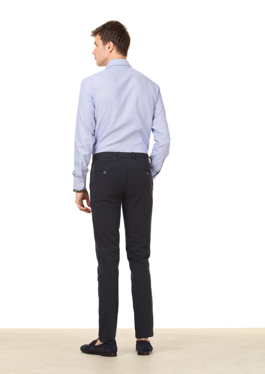 Navy Blue Weaving Regular Fit Casual Cotton Blended Trousers - 4