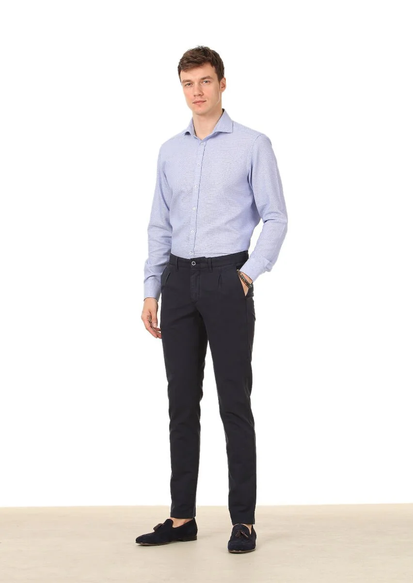 Navy Blue Weaving Regular Fit Casual Cotton Blended Trousers - 1