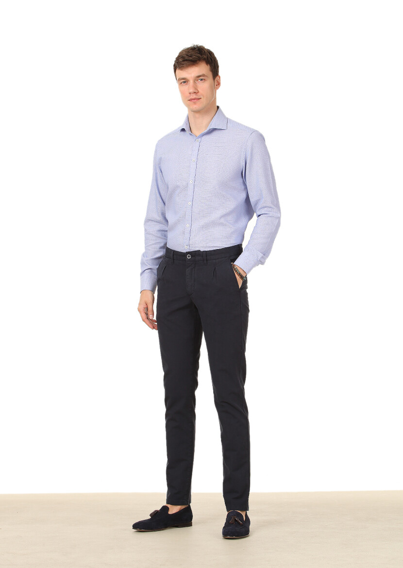 Navy Blue Weaving Regular Fit Casual Cotton Blended Trousers 