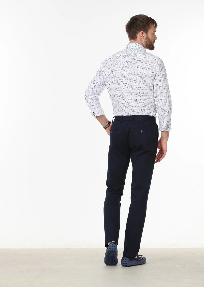 Navy Blue Weaving Regular Fit Casual Cotton Blended Trousers - 4
