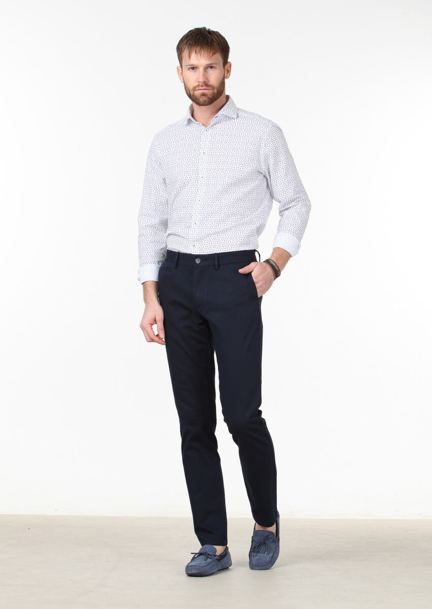 Navy Blue Weaving Regular Fit Casual Cotton Blended Trousers - 1