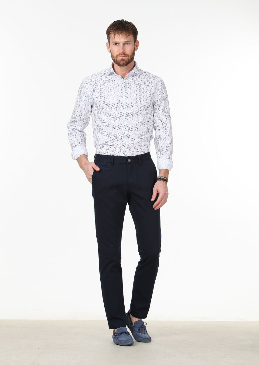 Navy Blue Weaving Regular Fit Casual Cotton Blended Trousers - 2