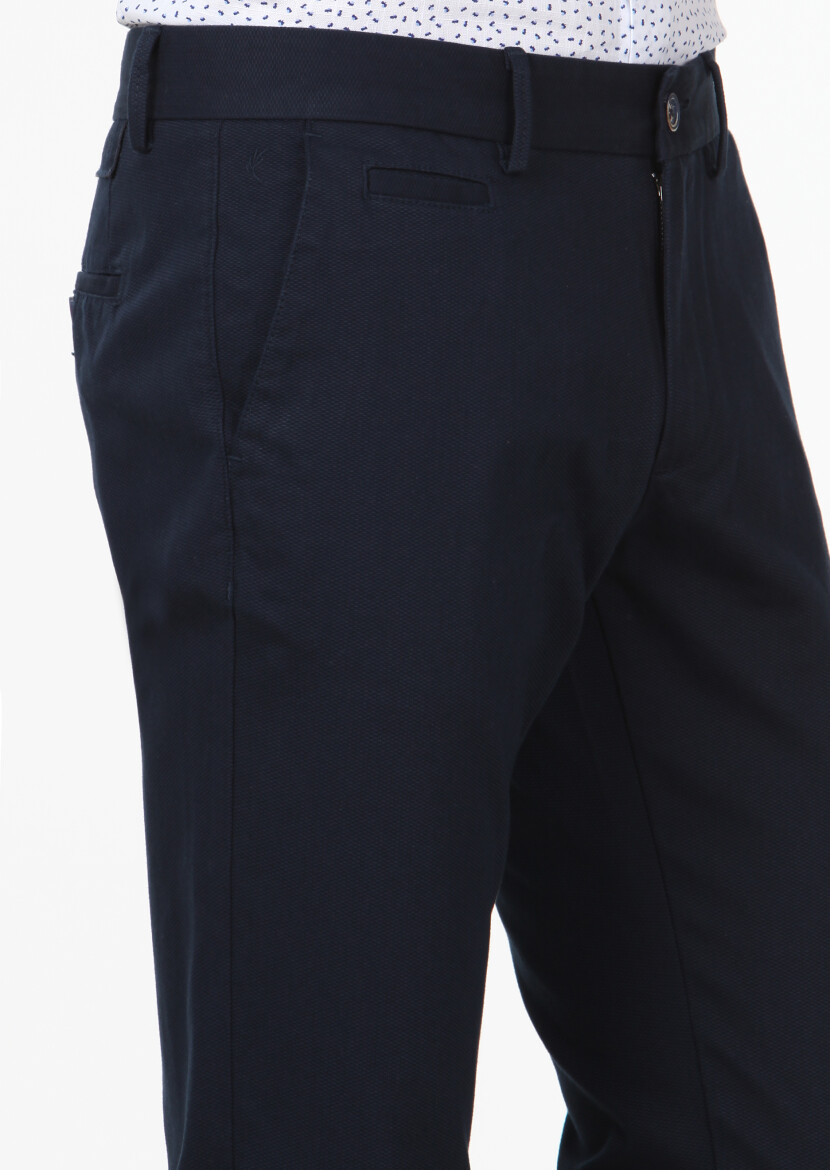 Navy Blue Weaving Regular Fit Casual Cotton Blended Trousers - 3